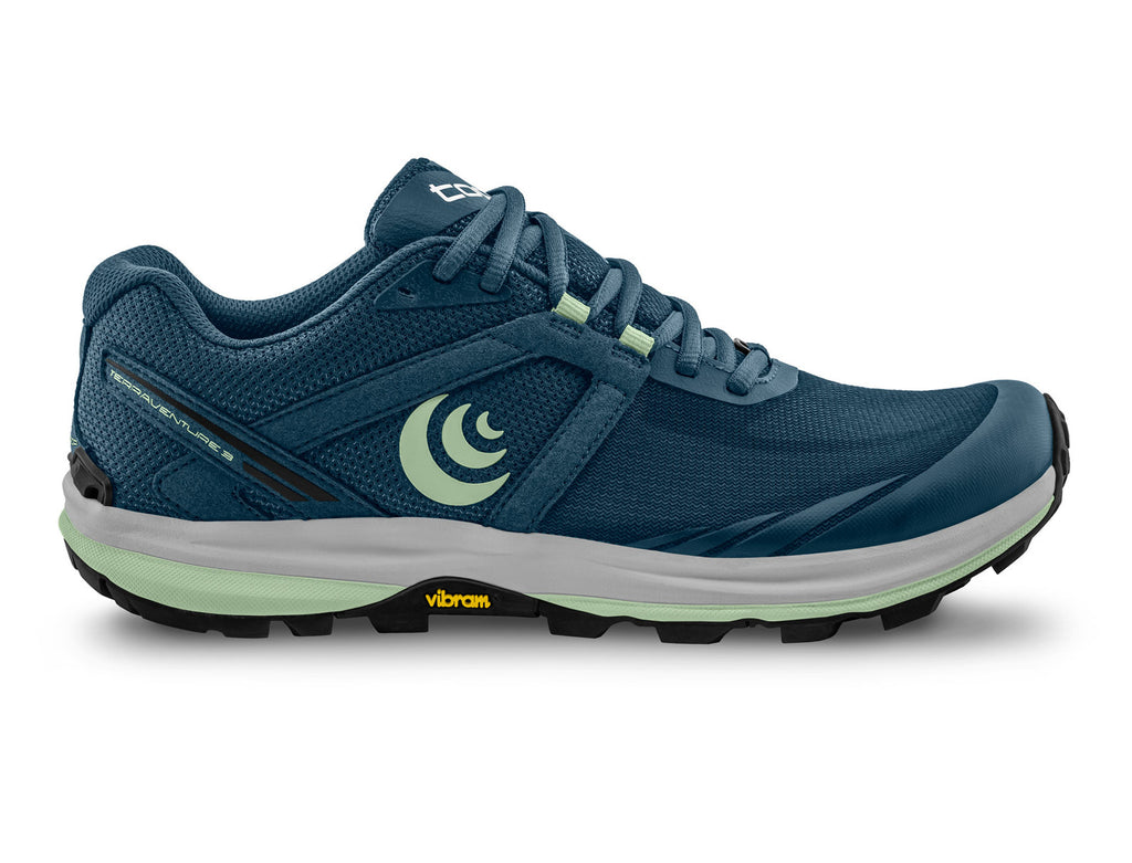 Women's Topo Athletic Terraventure 3. Blue upper. Grey midsole. Lateral view.