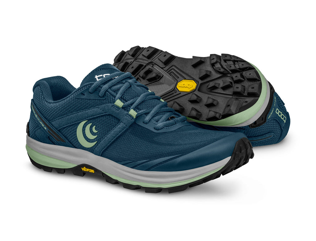Women's Topo Athletic Terraventure 3. Blue upper. Grey midsole. Lateral view.