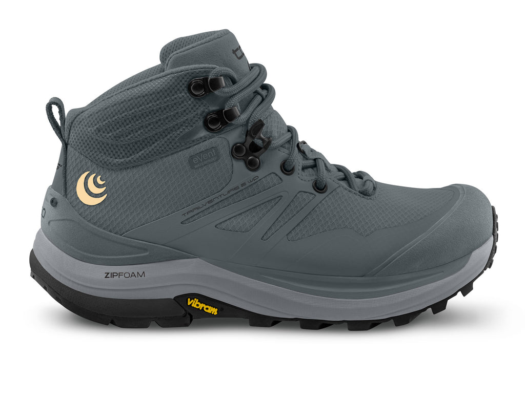 Women's Topo Trailventure 2 WP. Grey upper. Grey midsole. Lateral view.