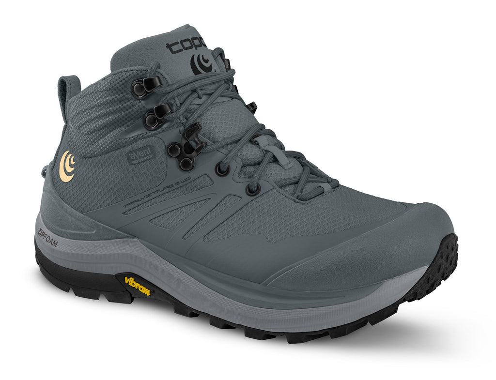 Women's Topo Trailventure 2 WP. Grey upper. Grey midsole. Lateral view.