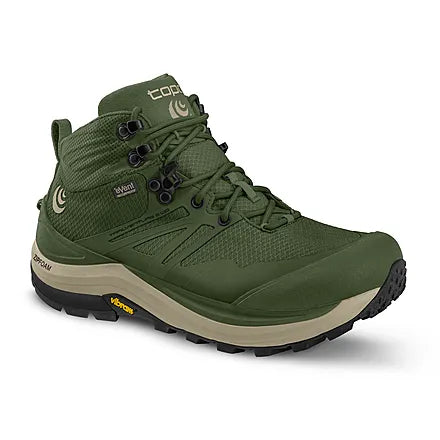 Women's Topo Trailventure 2 WP. Green upper. Tan midsole. Lateral view.