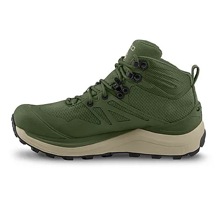Women's Topo Trailventure 2 WP. Green upper. Tan midsole. Medial view.