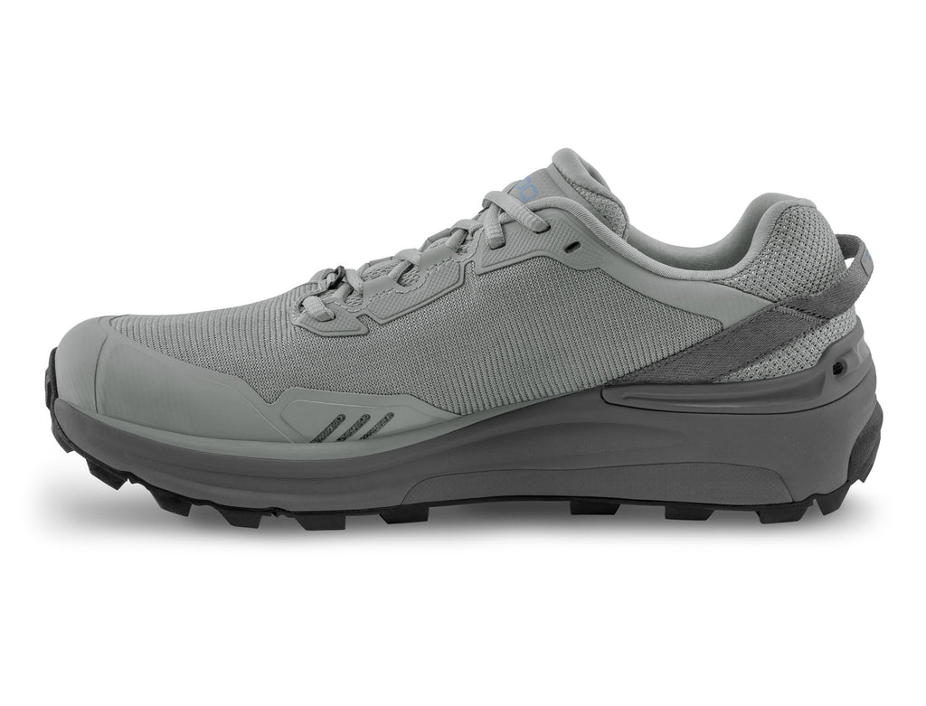 Women's Topo Traverse. Grey upper. Dark Grey midsole. Medial view.