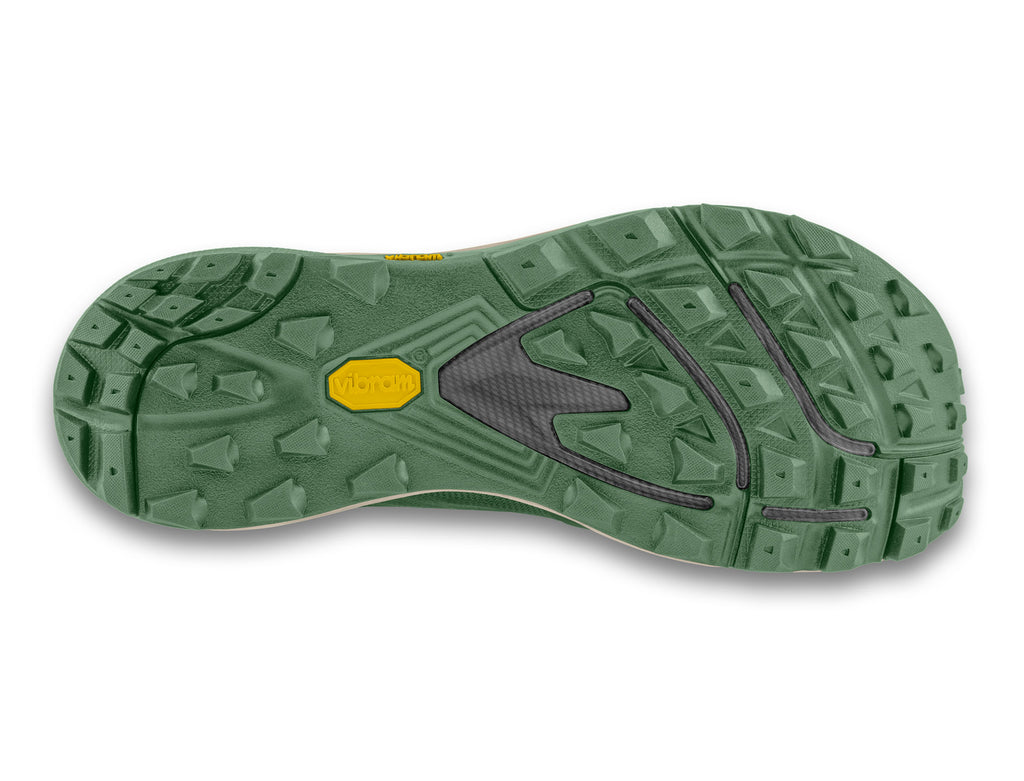 Women's Topo Traverse. Green upper. Tan midsole. Bottom view.