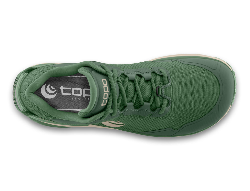 Women's Topo Traverse. Green upper. Tan midsole. Top view.