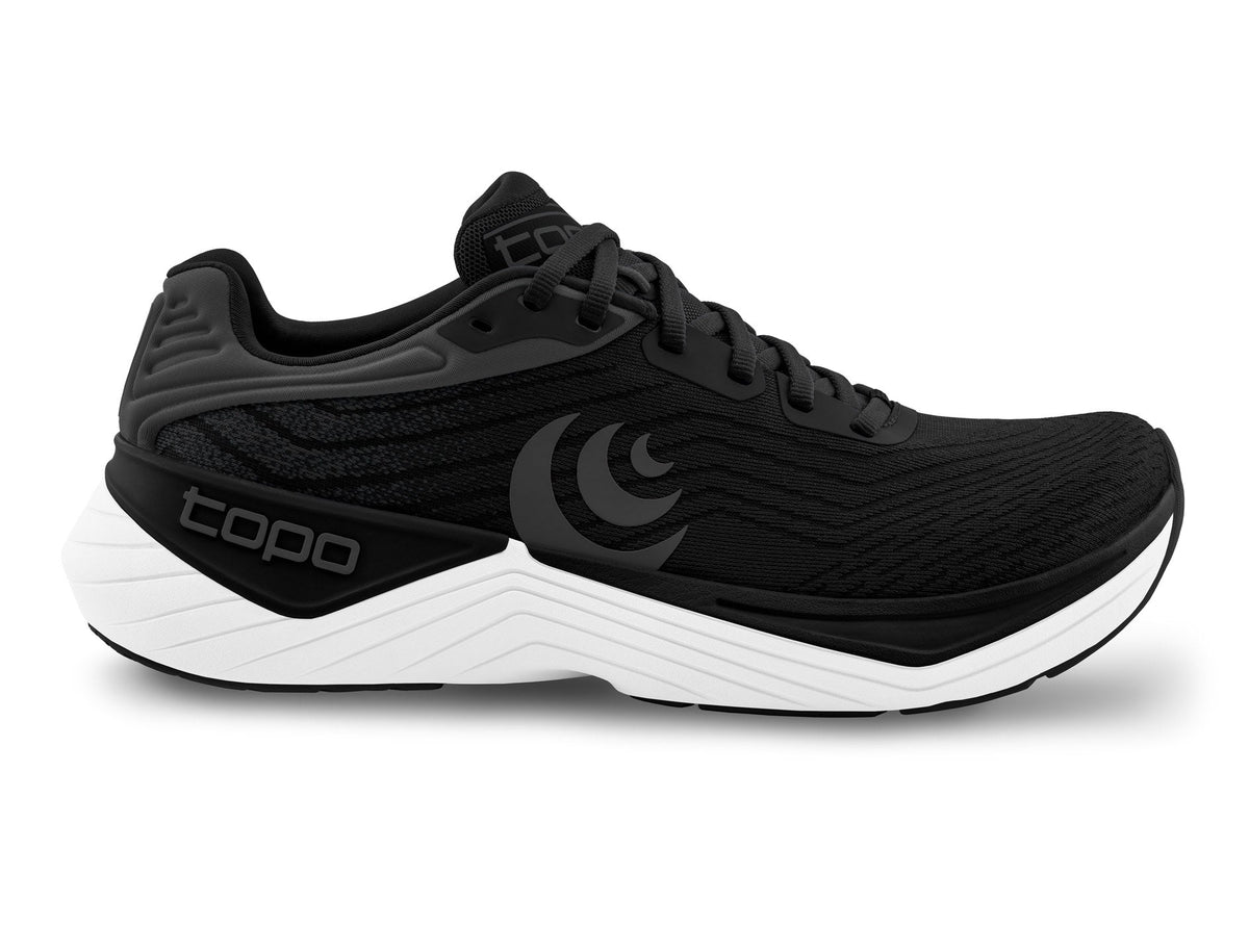 Women's Topo Athletic Ultrafly 5 in Black/White, alternate lateral view