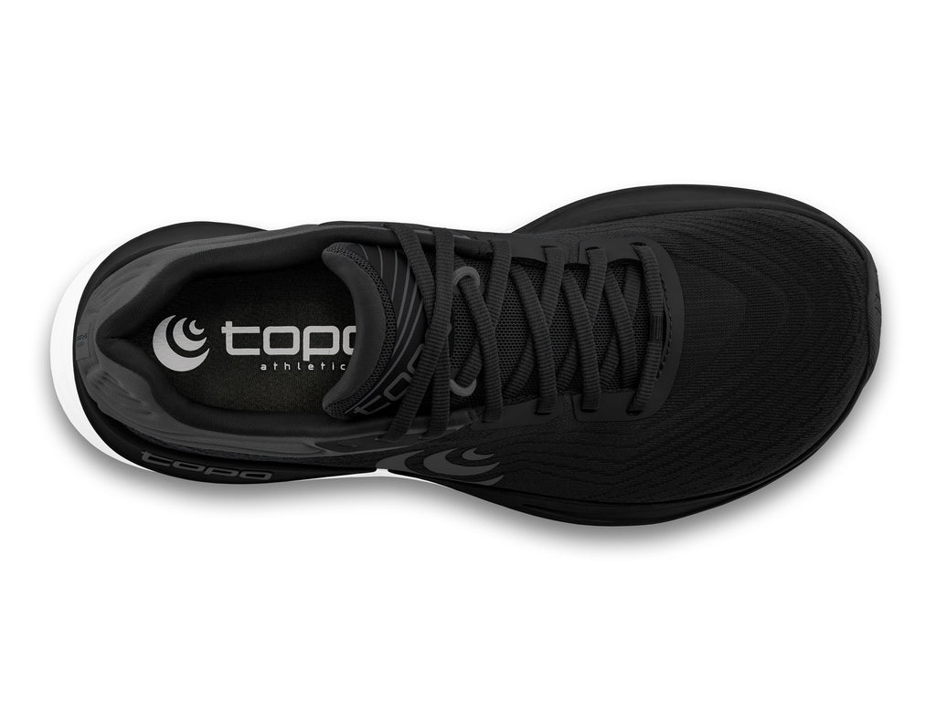 Women's Topo Ultrafly 5. Black upper. White midsole. Top view.