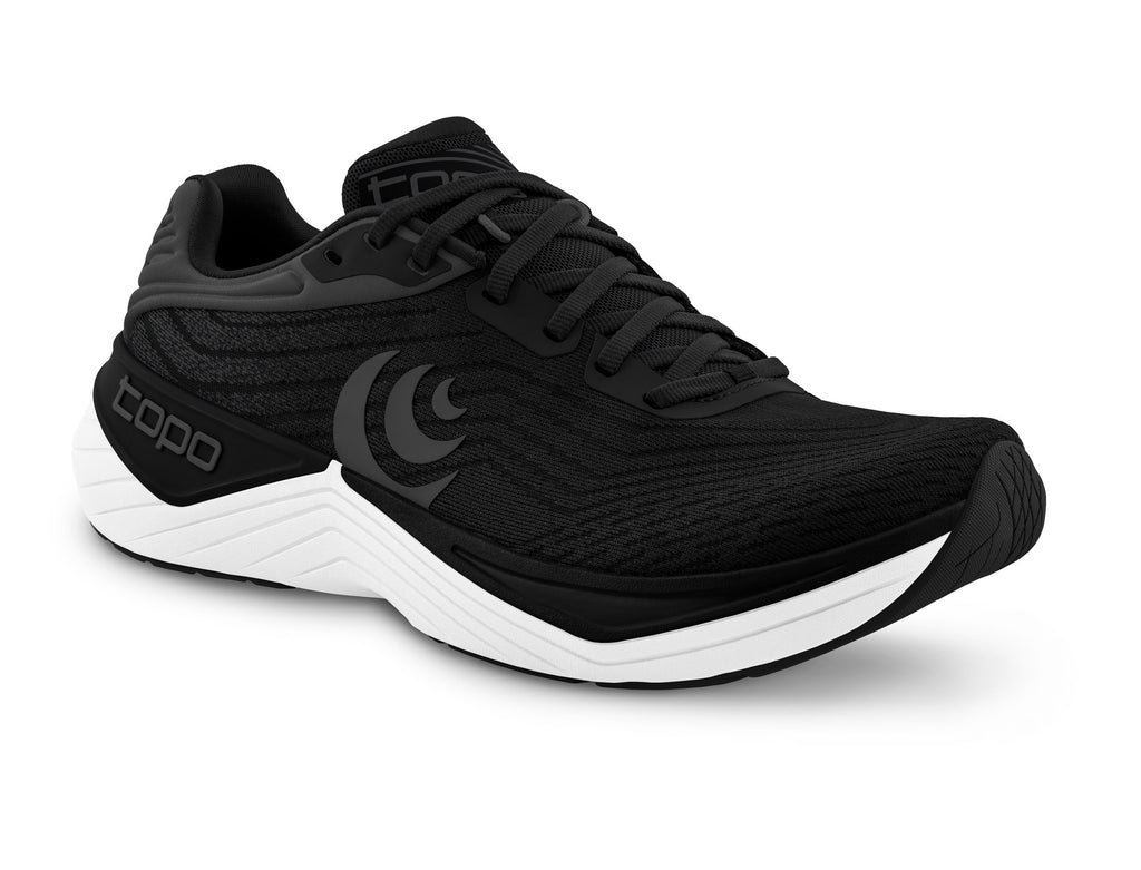 Women's Topo Ultrafly 5. Black upper. White midsole. Lateral view.