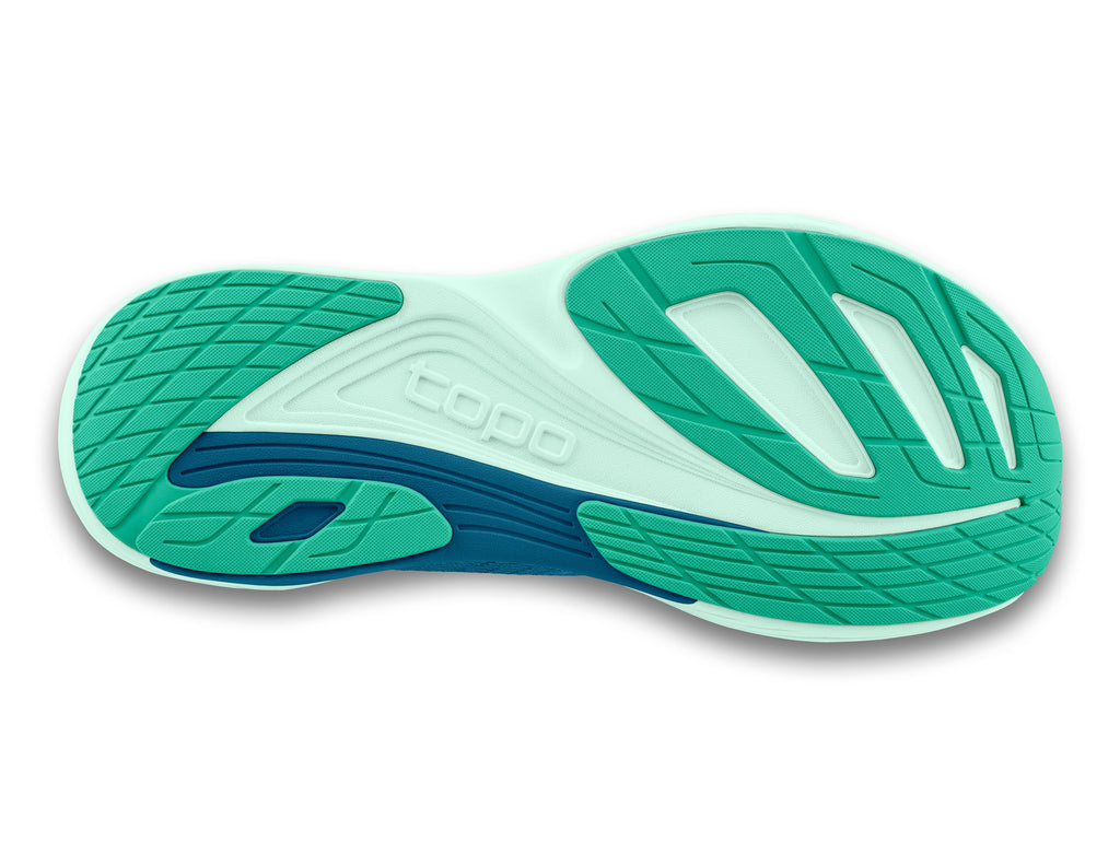 Women's Topo Ultrafly 5. Blue upper. Light Green midsole. Bottom view.