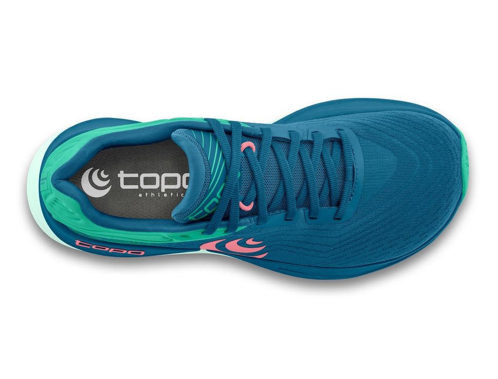Women's Topo Ultrafly 5. Blue upper. Light Green midsole. Top view.
