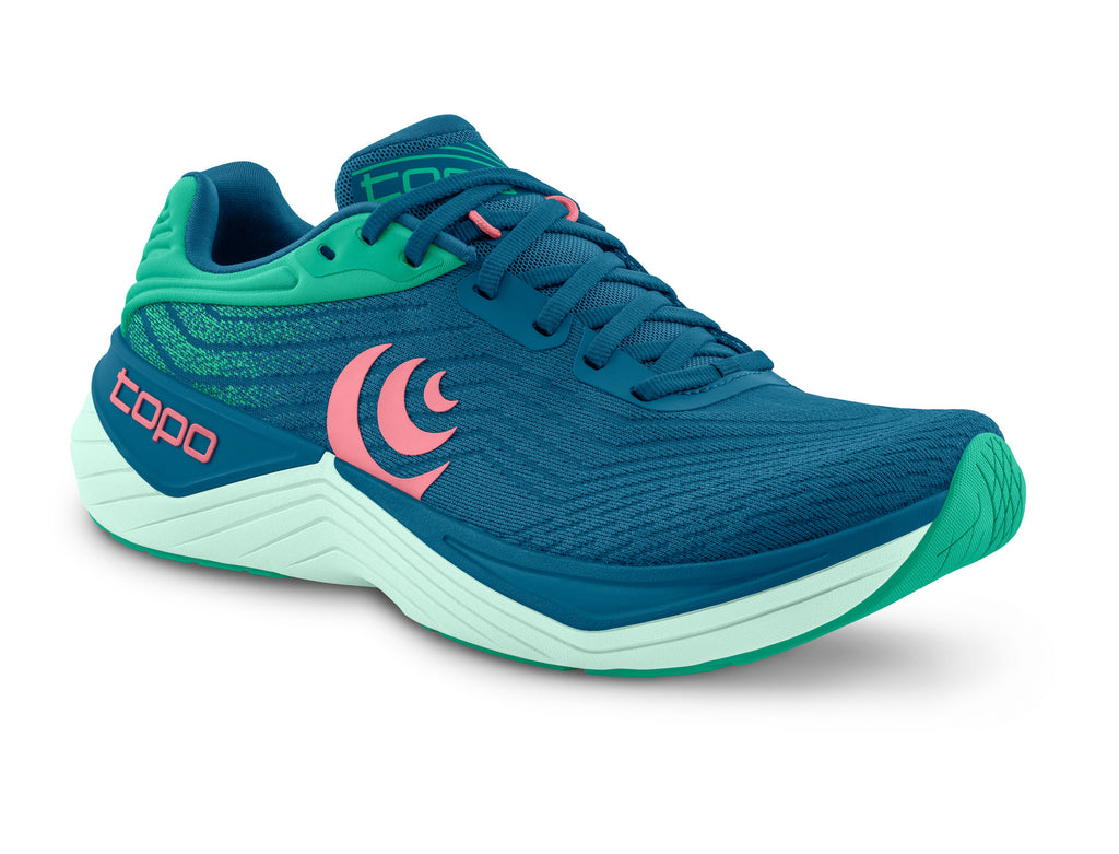 Women's Topo Ultrafly 5. Blue upper. Light Green midsole. Lateral view.