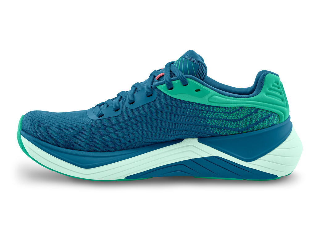 Women's Topo Ultrafly 5. Blue upper. Light Green midsole. Medial view.