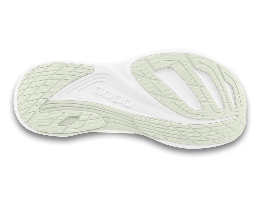 Women's Topo Ultrafly 5. Off White upper. White midsole. Bottom view.