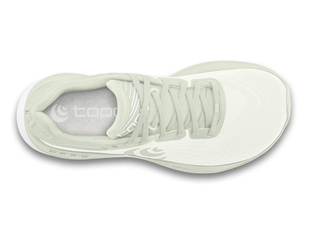 Women's Topo Ultrafly 5. Off White upper. White midsole. Top view.