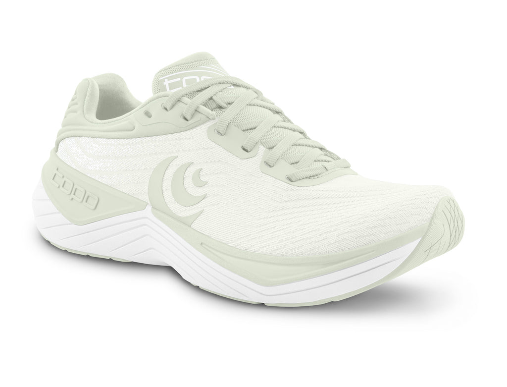 Women's Topo Ultrafly 5. Off White upper. White midsole. Lateral view.
