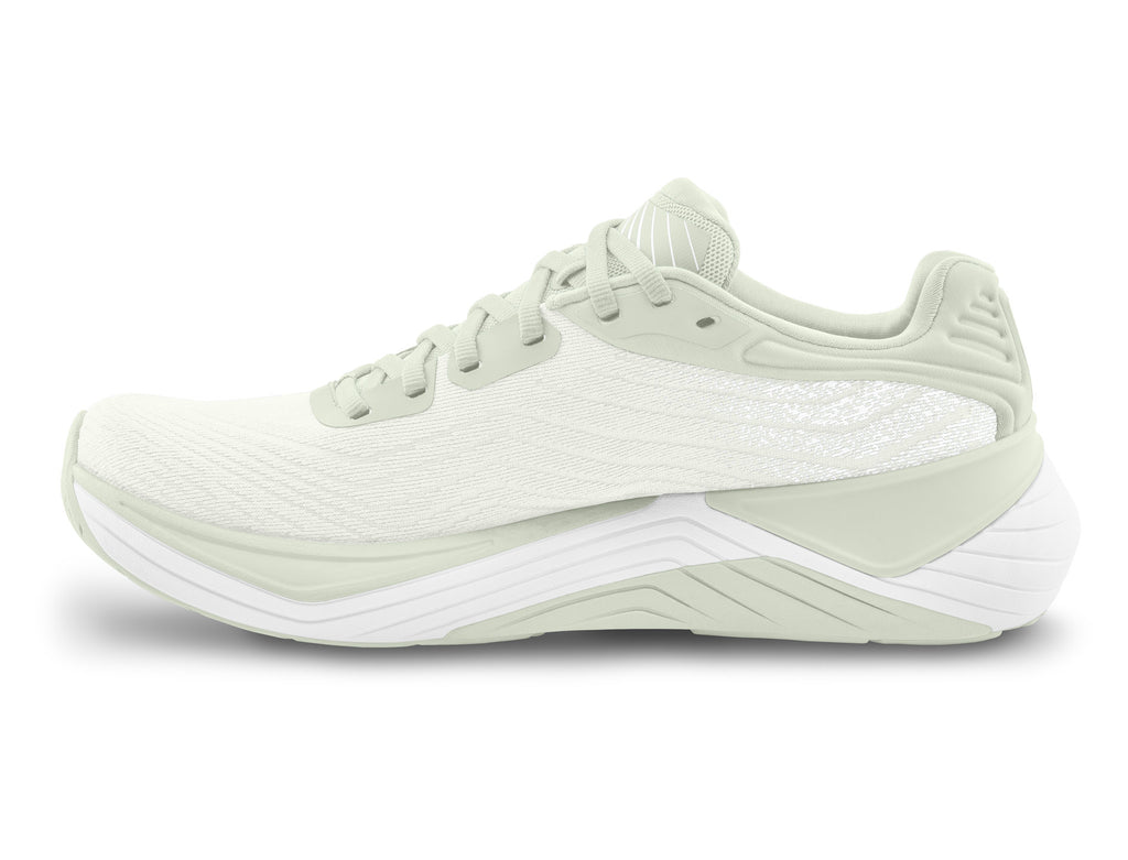 Women's Topo Ultrafly 5. Off White upper. White midsole. Medial view.