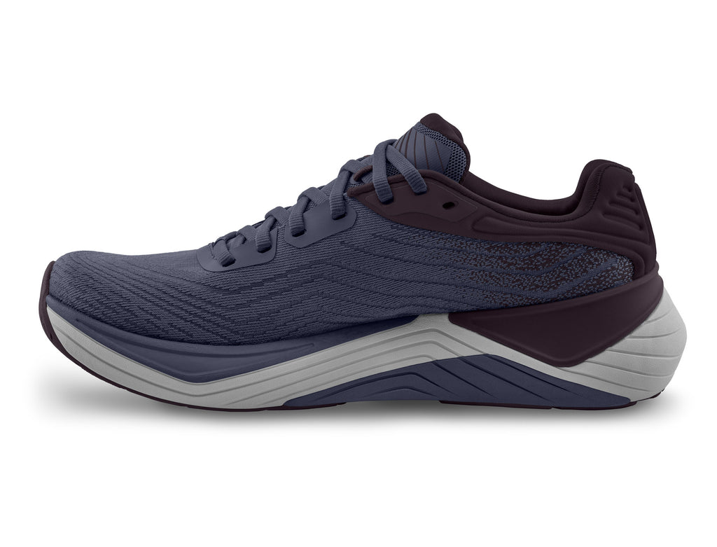 Women's Top Ultrafly 5. Dark Purple upper. Grey midsole. Medial view.