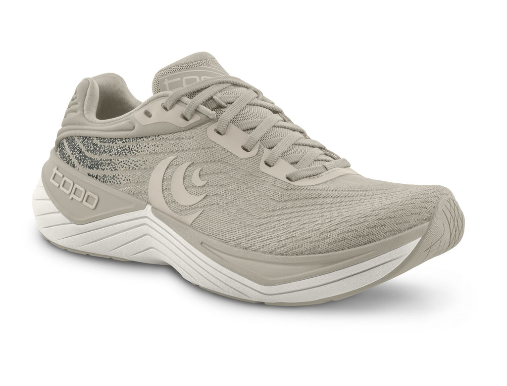 Women's Topo Ultrafly 5. Tan upper. White midsole. Lateral view.