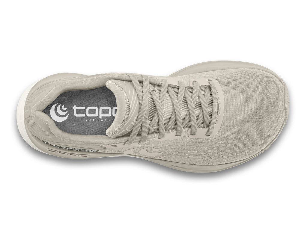 Women's Topo Ultrafly 5. Tan upper. White midsole. Top view.