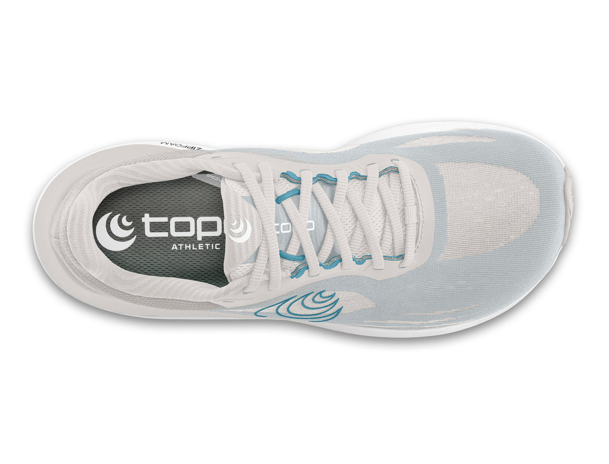 Women's Topo Ultrafly 6. Grey upper. White midsole. Top view.