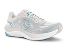Women's Topo Ultrafly 6. Grey upper. White midsole. Lateral view.