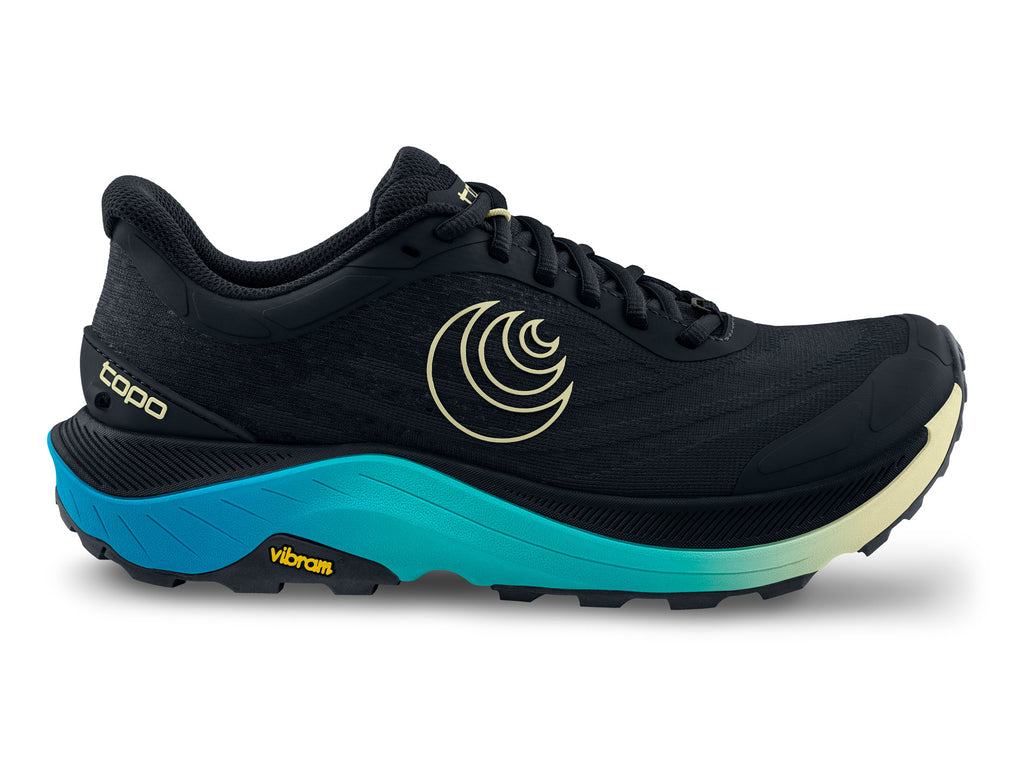Women's Topo Ultraventure 4. Black upper. Blue/Green midsole. Lateral view.