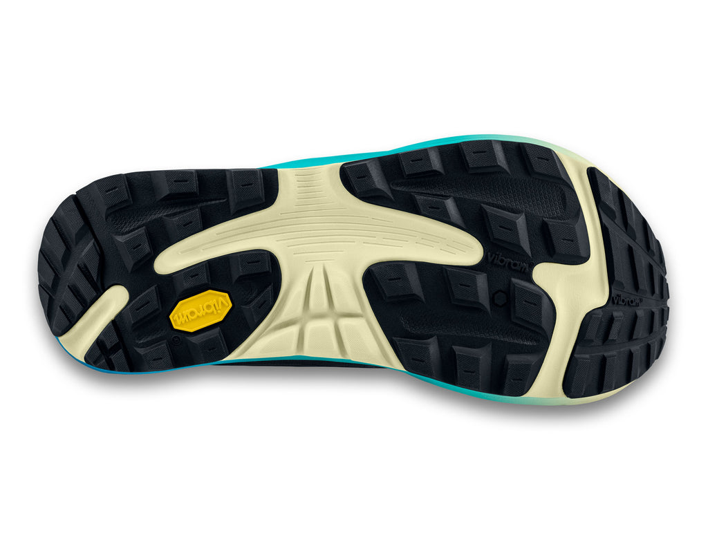 Women's Topo Ultraventure 4. Black upper. Blue/Green midsole. Bottom view.