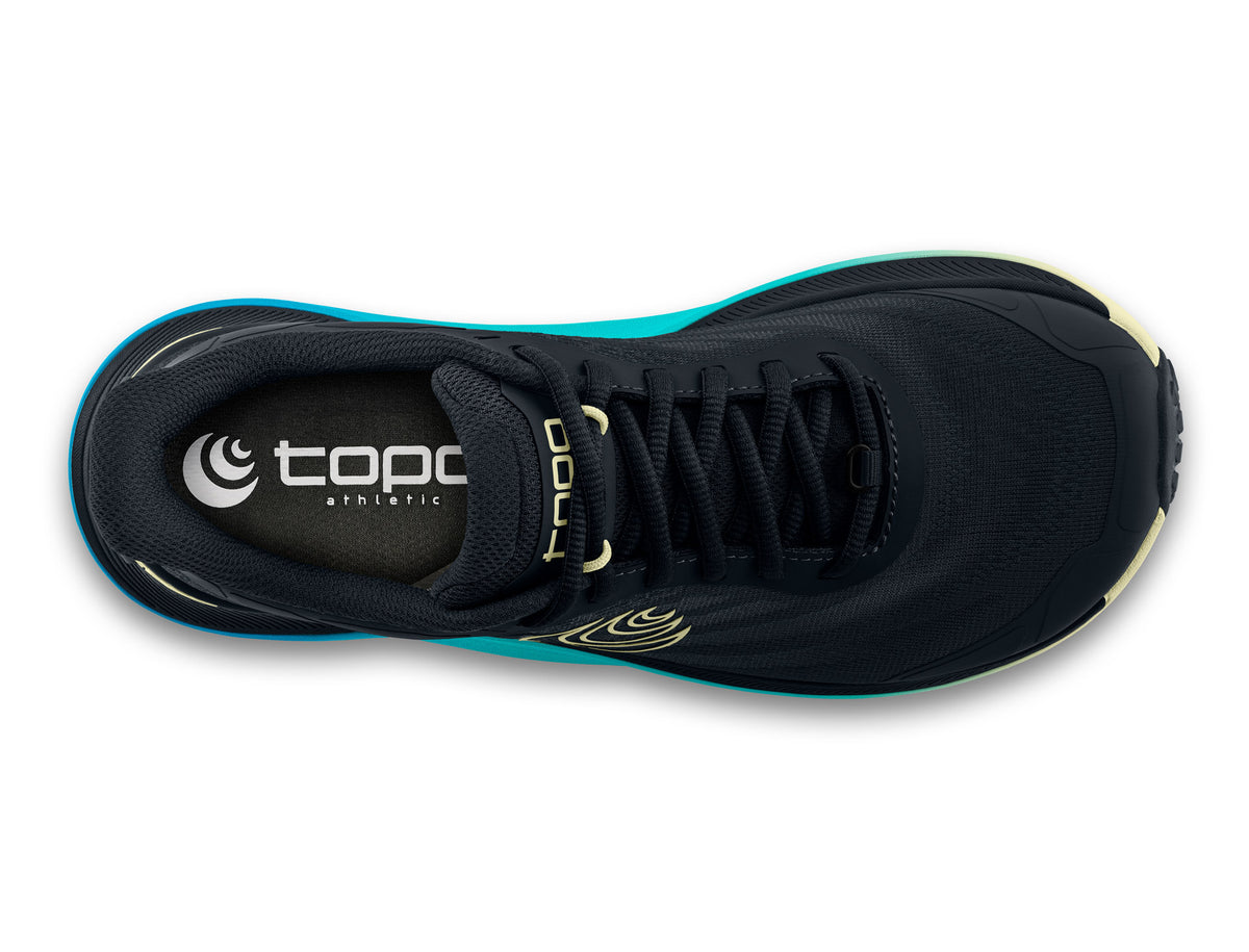Women's Topo Ultraventure 4. Black upper. Blue/Green midsole. Top view.