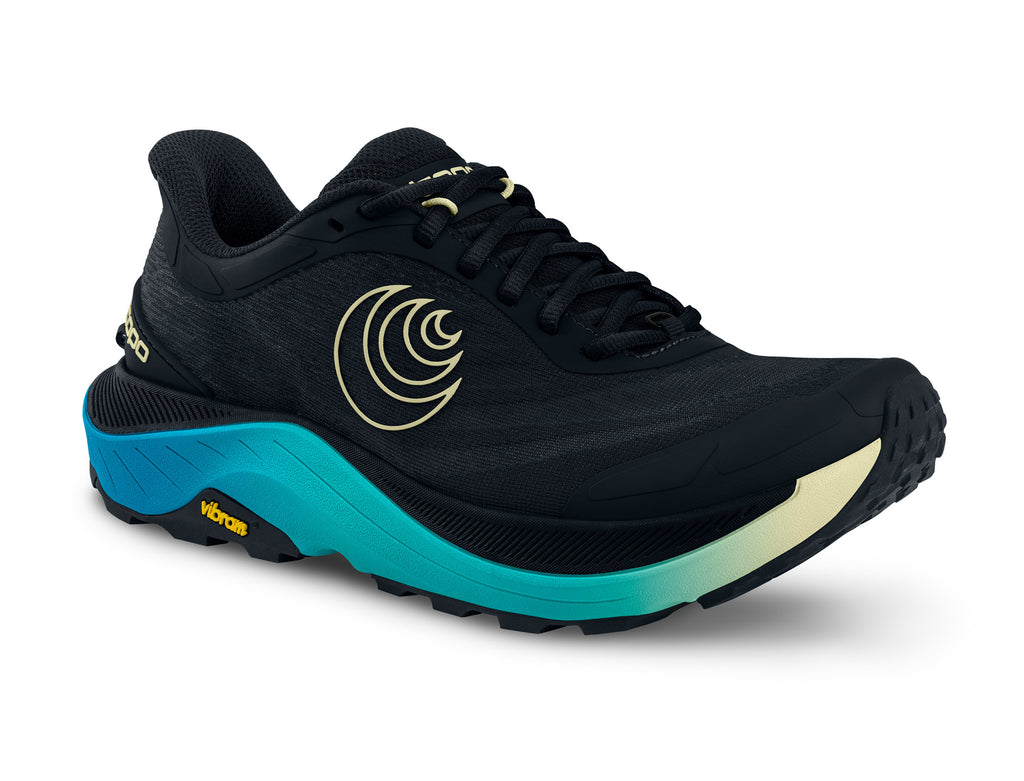 Women's Topo Ultraventure 4. Black upper. Blue/Green midsole. Lateral view.