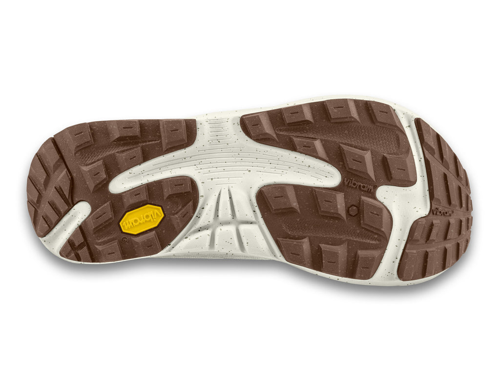 Women's Topo Ultraventure 4. Off White upper. Off White midsole. Bottom view.