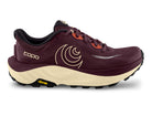 Women's Topo Ultraventure 5. Maroon upper. Tan midsole. Lateral view.