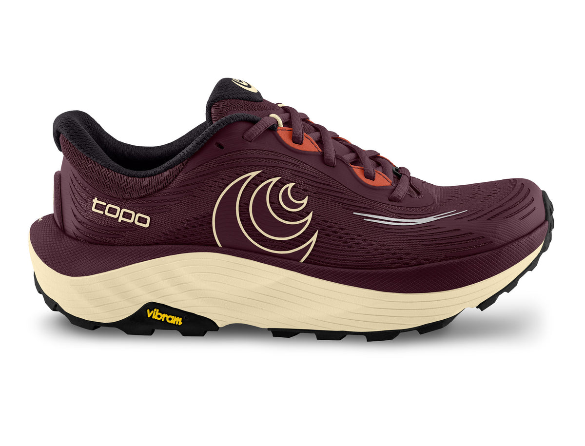 Women's Topo Ultraventure 5. Maroon upper. Tan midsole. Lateral view.