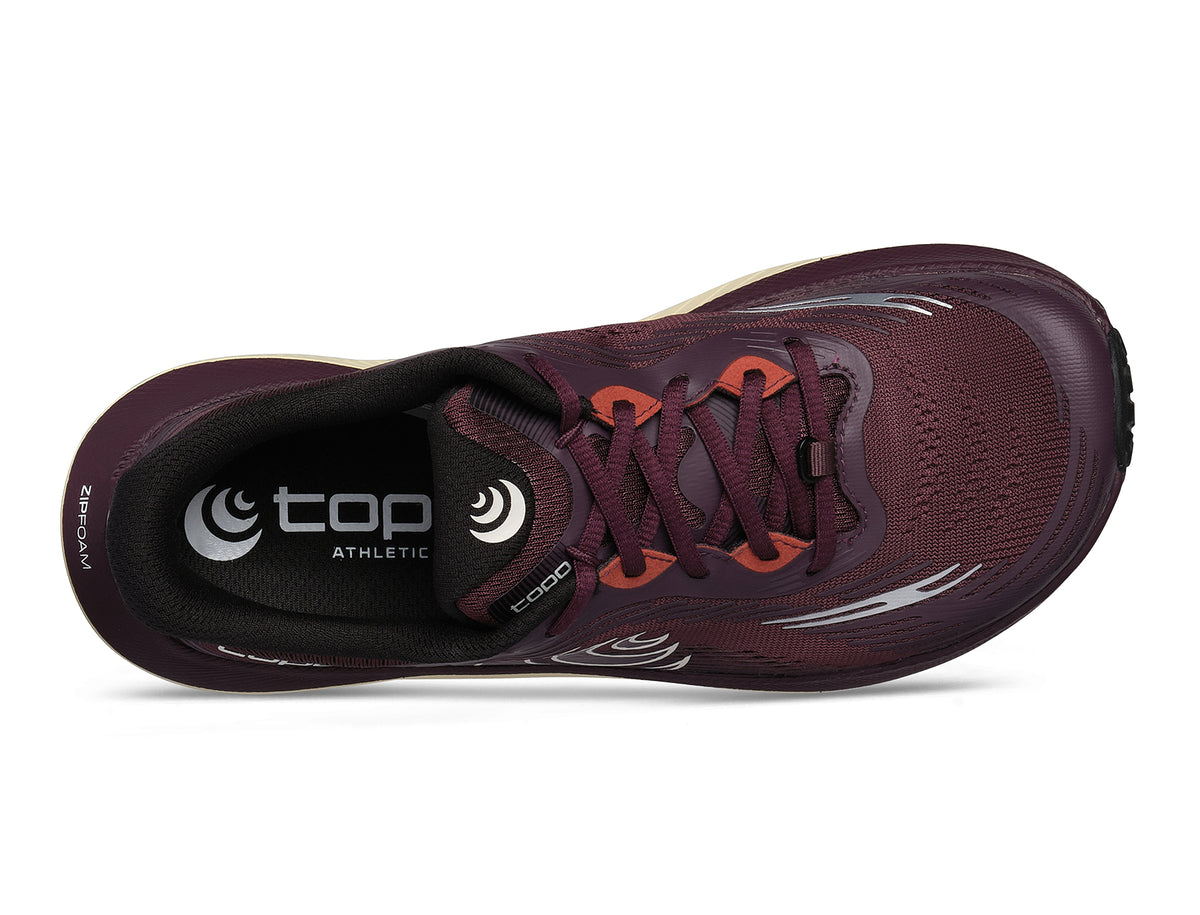 Women's Topo Ultraventure 5. Maroon upper. Tan midsole. Top view.
