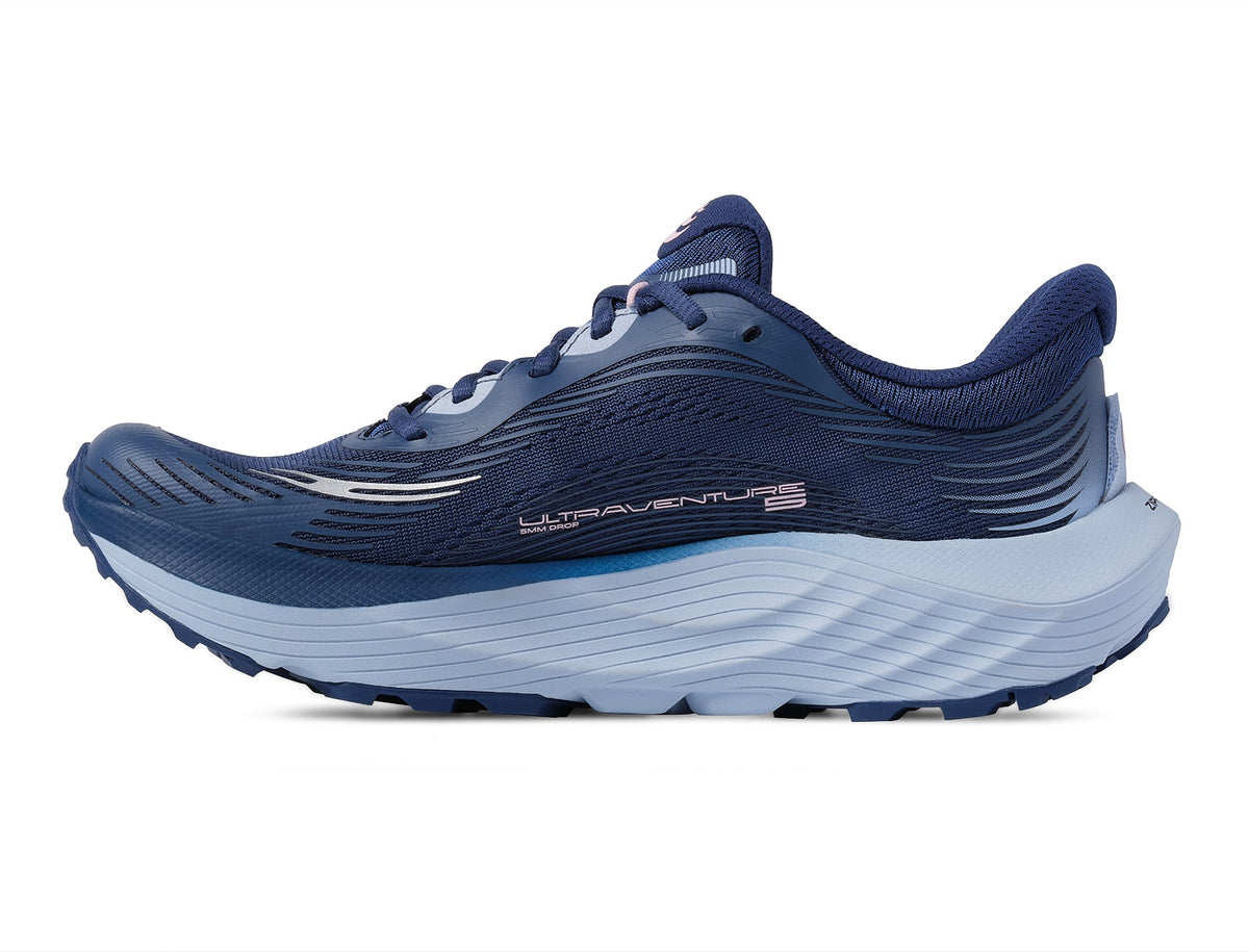 Women's Topo Ultraventure 5 in Navy/Light Blue – medial view.