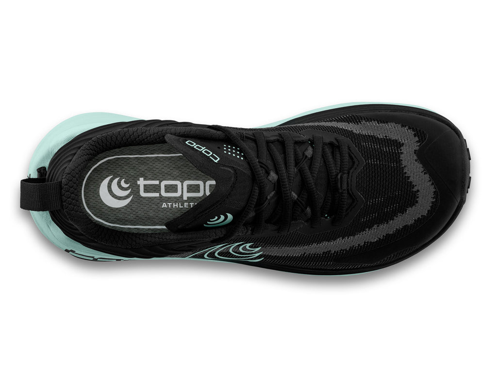 Women's Topo Vista. Black upper. Green midsole. Top view.