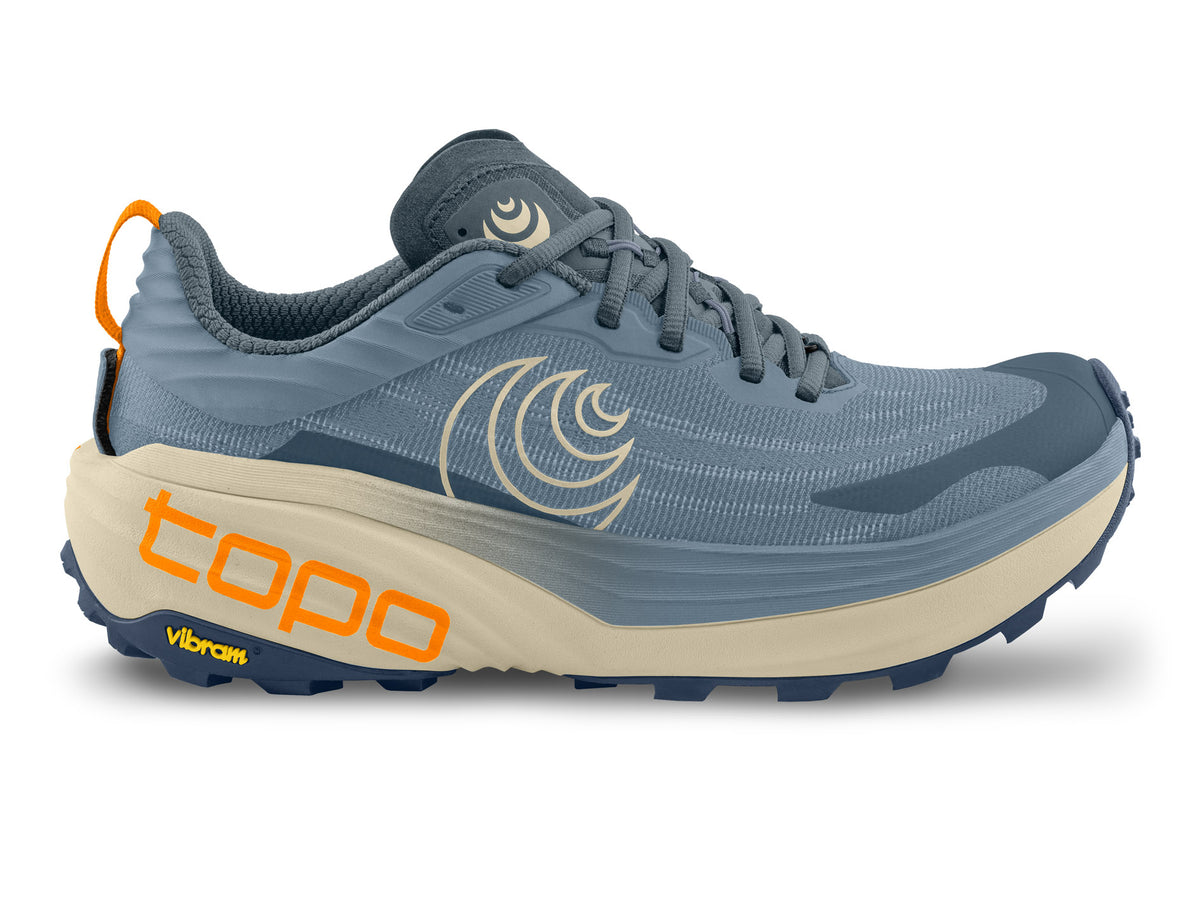 Women's Topo Vista. Blue upper. Tan midsole. Lateral view.
