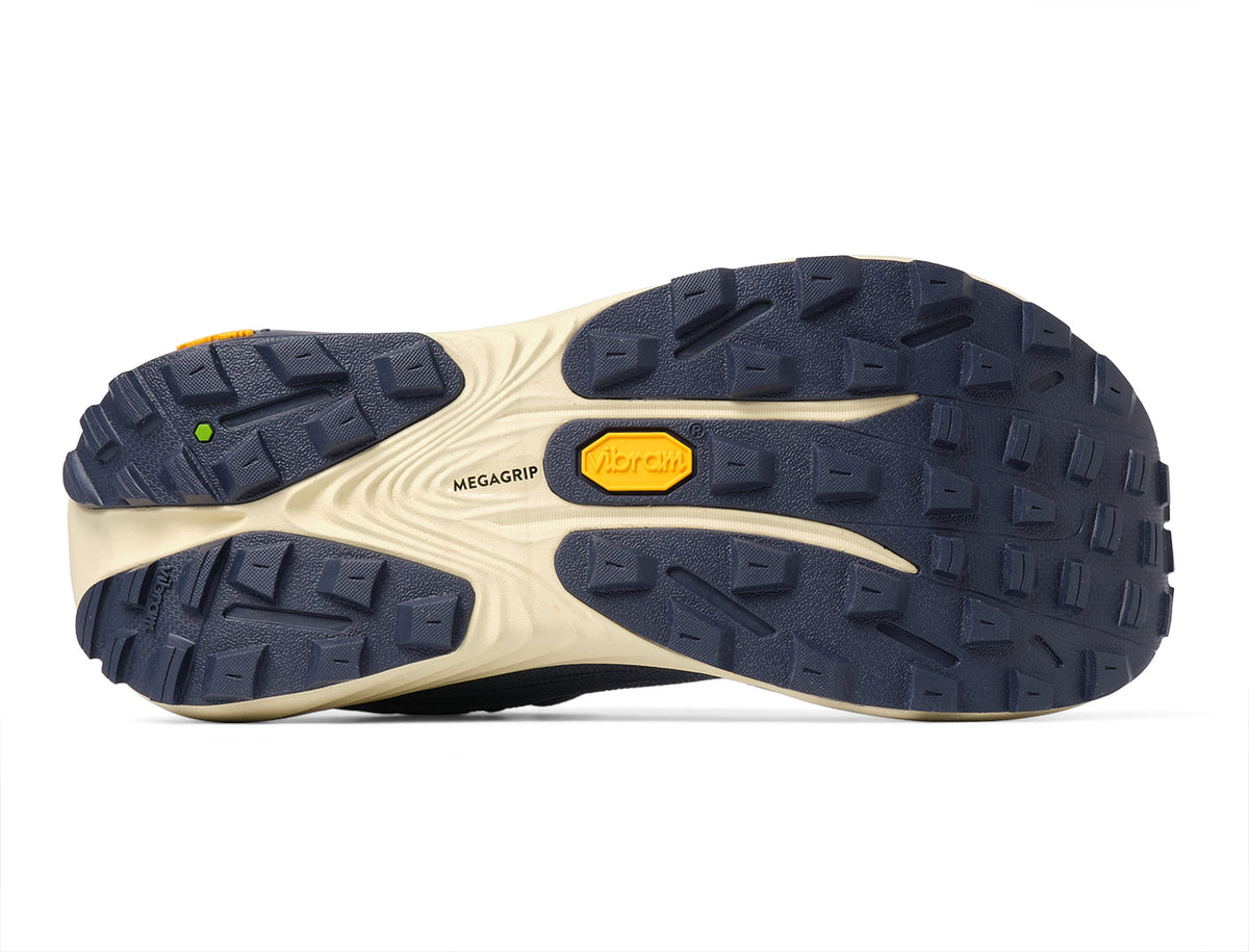 Women's Topo Vista. Blue upper. Tan midsole. Bottom view.