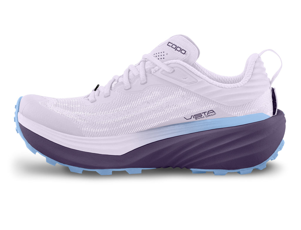 Women's Topo Vista. Light Purple upper. Purple midsole. Medial view.