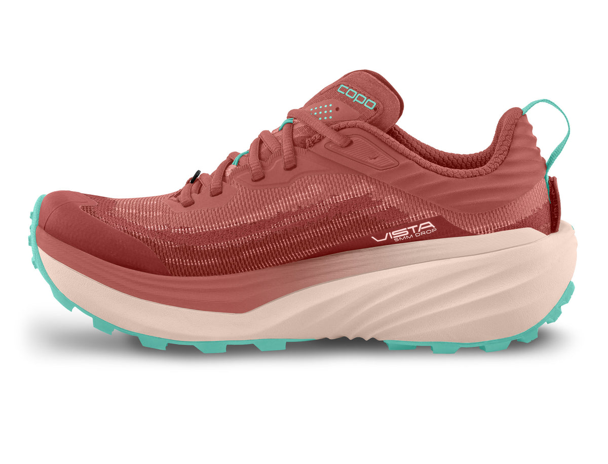 Women's Topo Vista. Light Red upper. Light Grey midsole. Medial view.
