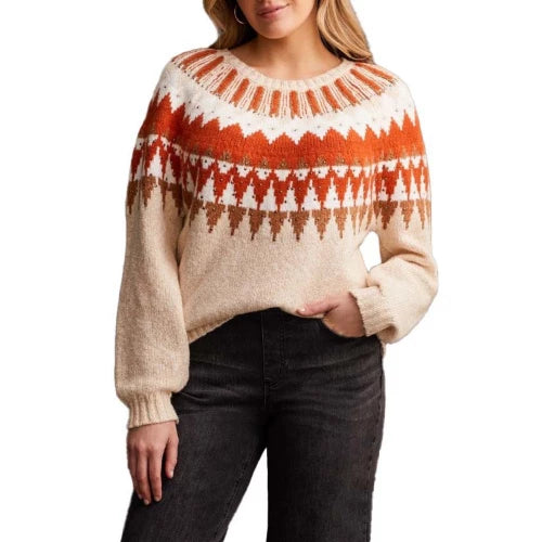 Women's Tribal Intarsia Scoop Neck Sweater. Cream, red, orange, and brown. Front view.
