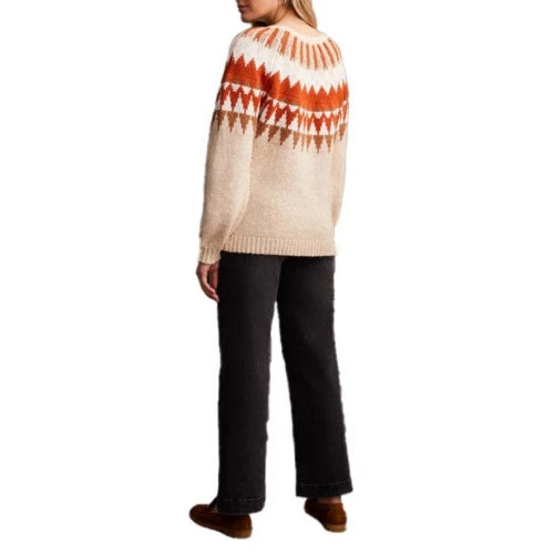 Women's Tribal Intarsia Scoop Neck Sweater. Cream, red, orange, and brown. Back view.