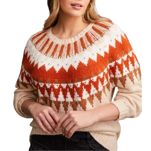 Women's Tribal Intarsia Scoop Neck Sweater. Cream, red, orange, and brown. Front view.