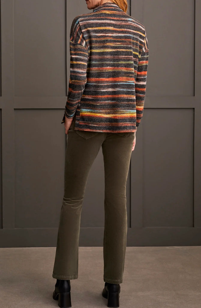 Women's Tribal Variegated Stripe Mock Neck Top. Multi color. Back view.