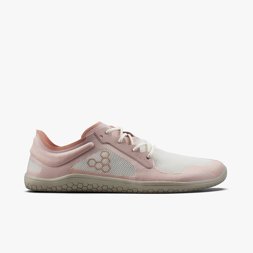 Women's Vivobarefoot Primus Lite 3.5. Light Pink upper. Tan outsole. Lateral view.