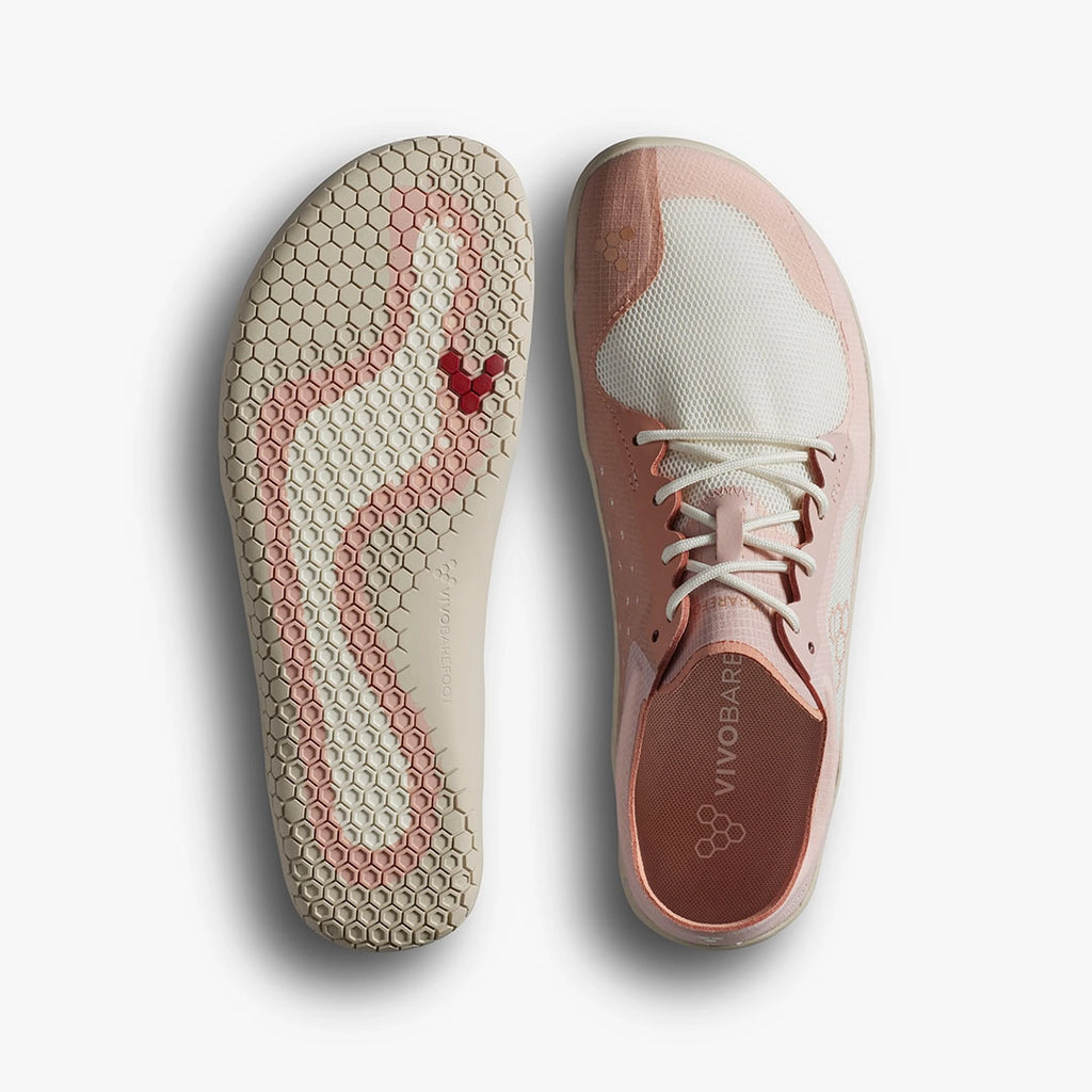 Women's Vivobarefoot Primus Lite 3.5. Light Pink upper. Tan outsole. Top/Bottom view.