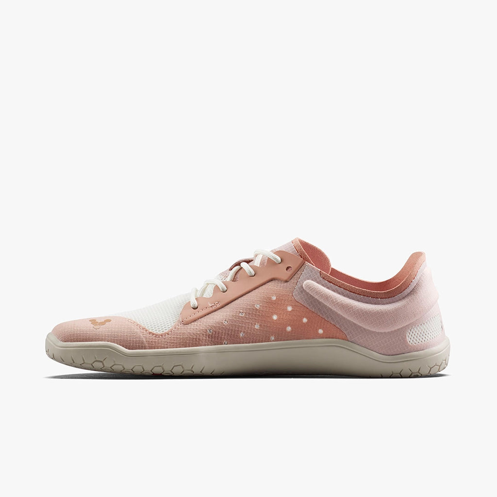 Women's Vivobarefoot Primus Lite 3.5. Light Pink upper. Tan outsole. Medial view.