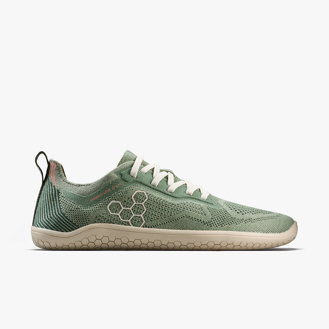 Women's Vivobarefoot Primus Lite Knit Natural. Green upper. Off white midsole. Lateral view.
