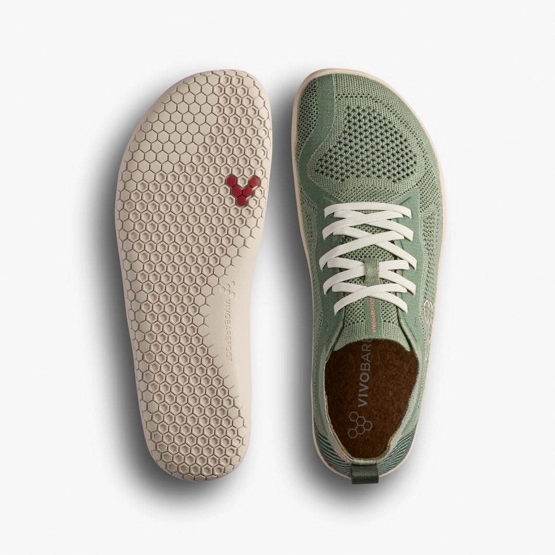 Women's Vivobarefoot Primus Lite Knit Natural. Green upper. Off white midsole. Top and bottom view.