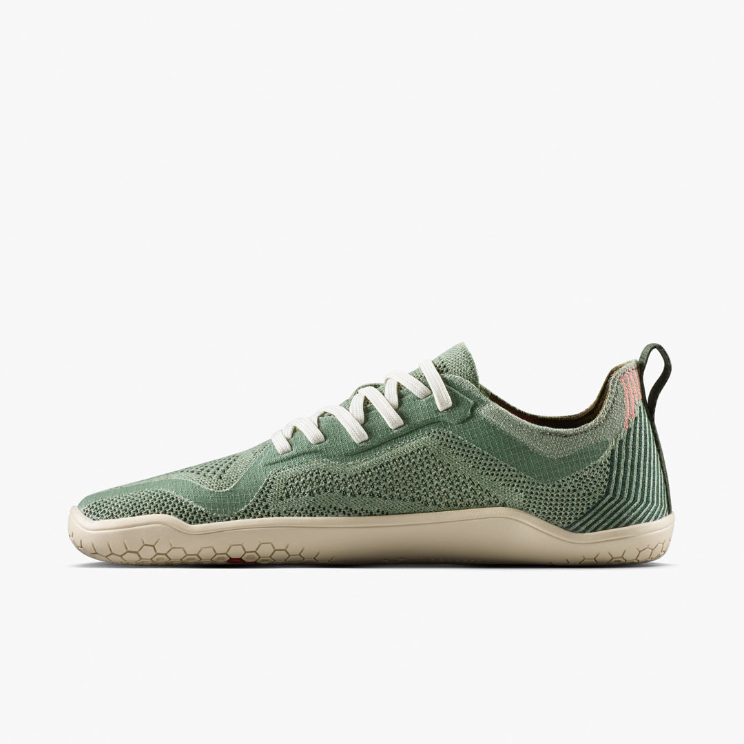 Women's Vivobarefoot Primus Lite Knit Natural. Green upper. Off white midsole. Medial view.