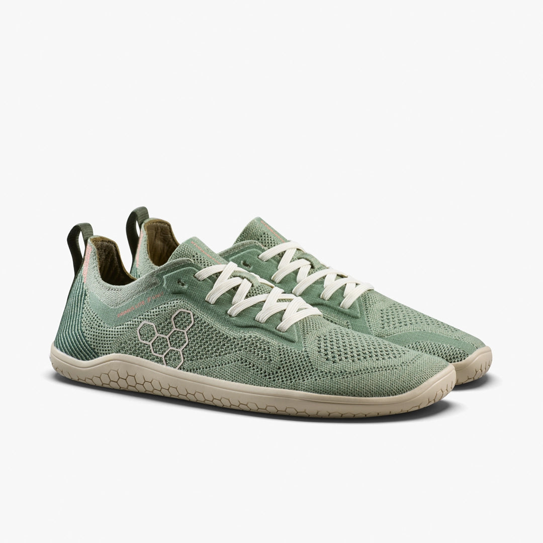 Women's Vivobarefoot Primus Lite Knit Natural. Green upper. Off white midsole. Lateral view.